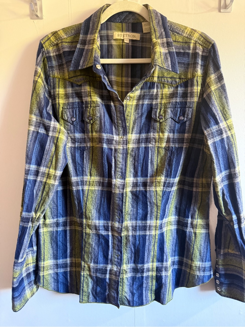 Stetson XL Plaid Western Pearl Snap Shirt Blue Green 100% Cotton